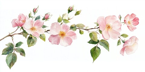 Obraz premium Watercolor Illustration of Wild Rose Branch with Flowers and Leaves