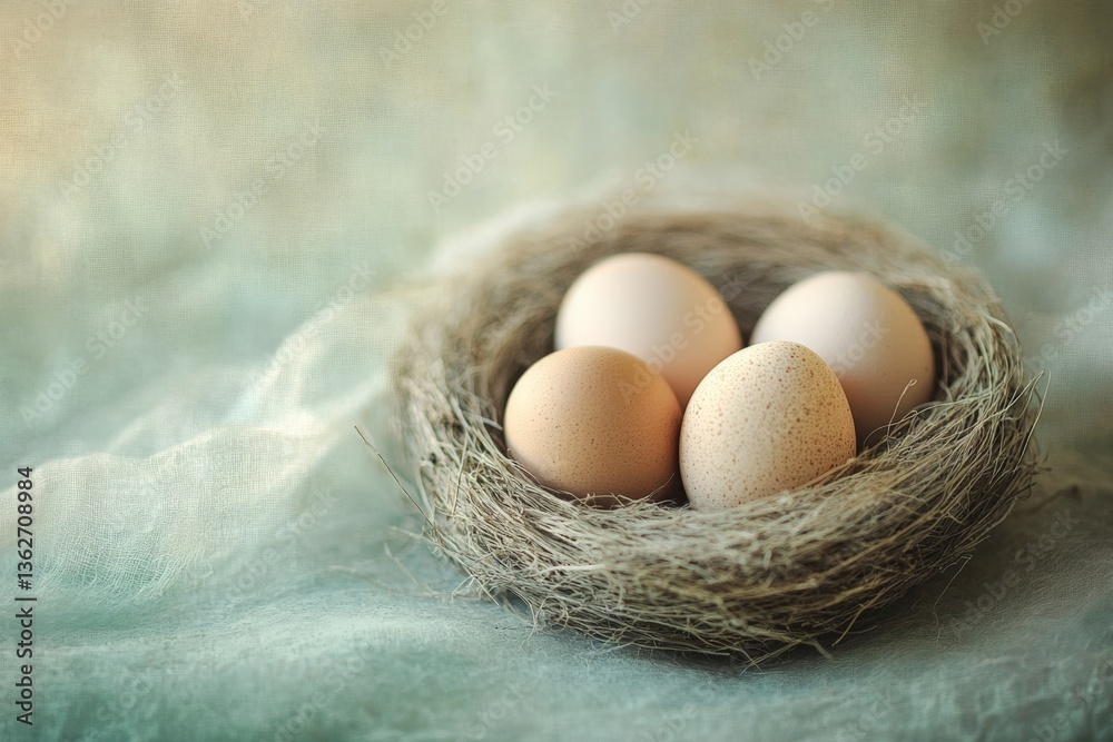 Aufkleber Natural eggs nestled in a soft woven nest on a gentle blue background creating a serene and peaceful atmosphere