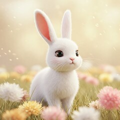 AI-generated image: An adorable Easter bunny, with its soft fur and captivating gaze, finds itself surrounded by a variety of colorful eggs, ready for the Easter celebration.