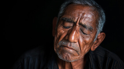 Fototapeta premium Portrait of a senior man with closed eyes and gray hair against a dark background in a close up shot
