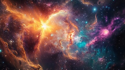 Obraz premium A vibrant galactic wonder with glowing cosmic formations, distant supernovas, and twinkling celestial bodies.
