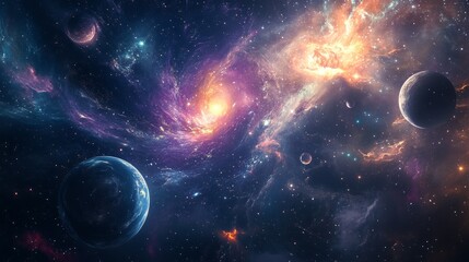 A vibrant outer space filled with swirling nebulas, shining stars, and glowing planets