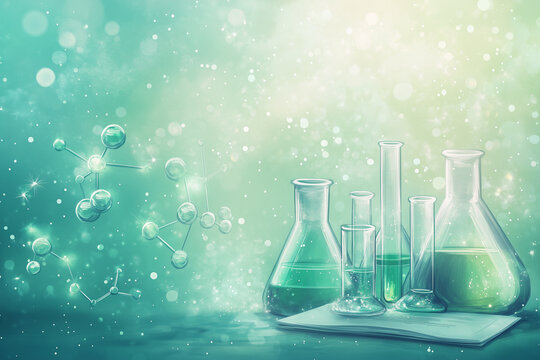 Celebrating chemistry graduation with a luxurious card design featuring colorful lab equipment and molecular elements