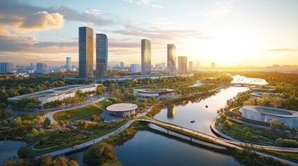 Naklejka premium Sunset over skyline urban development near river aerial view modern architecture vibrant landscape