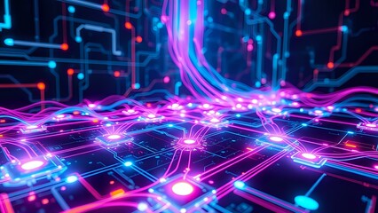 Obraz premium Futuristic Cyberpunk Circuit Board with Vibrant Neon Grids