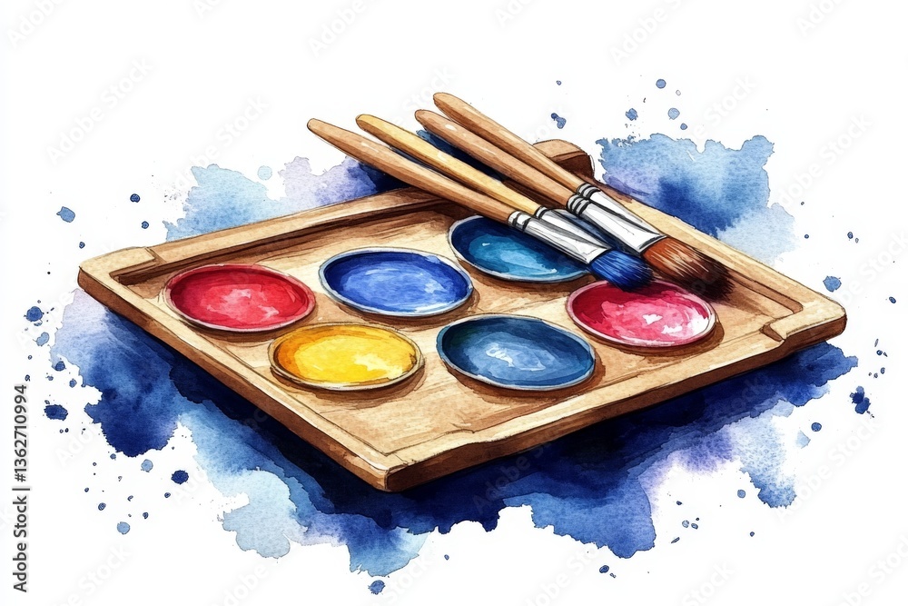 Aufkleber watercolor palette with brushes set on a wooden tray surrounded by colorful splashes in a bright art