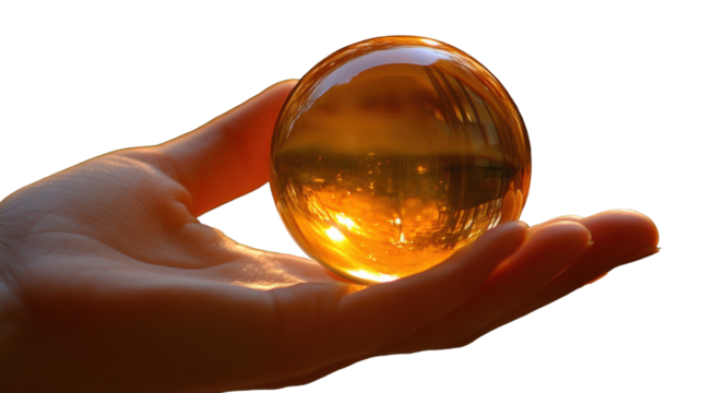 Golden Sphere in Hand: A close-up shot captures the delicate hold of a hand cradling a luminous, transparent golden sphere, symbolizing mystery, fortune, and contemplation.