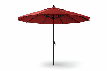 Red patio umbrella with dark pole, casting a shadow on a white background
