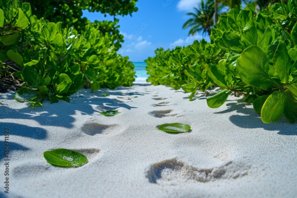Poster footprints in sandy path through lush greenery leading to a serene beach on a sunny day