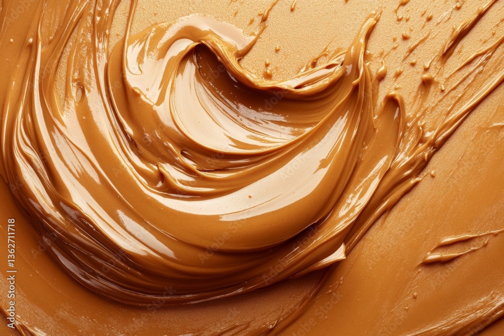 Poster Rich golden caramel swirls in a smooth texture on a surface creating a delicious dessert backdrop