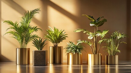 Fototapeta premium Golden planters with various green plants in sunlit room