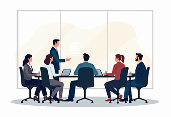 Illustrate teamwork and brainstorming with this professional vector graphic of a business meeting, ideal for content about project management, strategy, and corporate culture.

