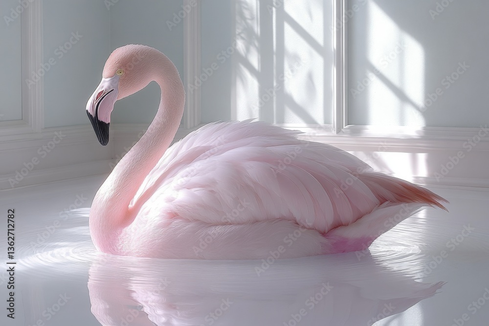 Poster elegant pink flamingo gracefully floating in tranquil water within a sunlit room