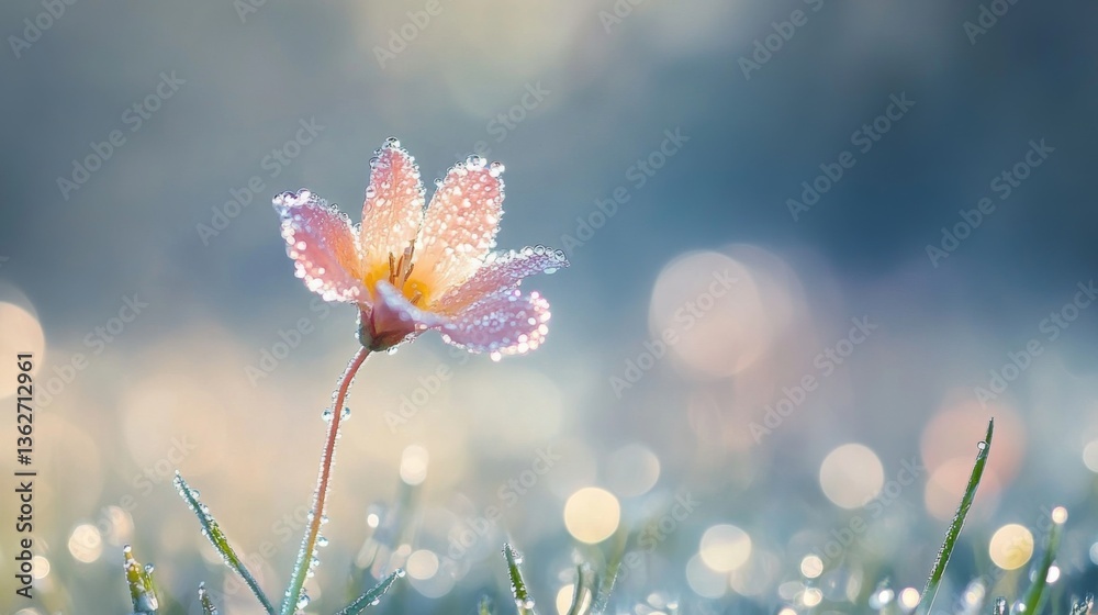 Aufkleber an artistic composition of a single flower stem with dew-covered petals against a blurred background
