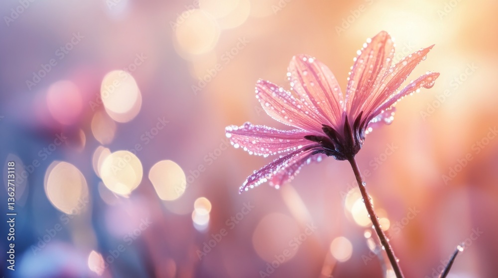 Aufkleber an artistic composition of a single flower stem with dew-covered petals against a blurred background