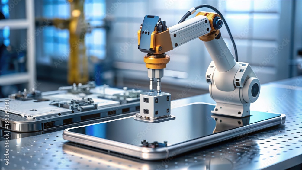 Poster Robotic Arm Assembling Smartphone Parts in High-Tech Environment