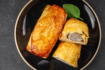 Meat pie quiche French snack fresh delicious gourmet food background on the table rustic food top view copy space