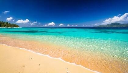 Fototapeta premium Vibrant Tropical Beach – Bright turquoise waters and warm sand tones with high saturation for a dreamy paradise