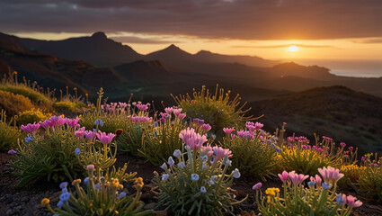 Fototapeta premium wild flowers in the mountains at sunrise