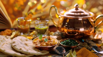 Delicious indian cuisine traditional dishes festive setting food photography vibrant colors close-up culinary art