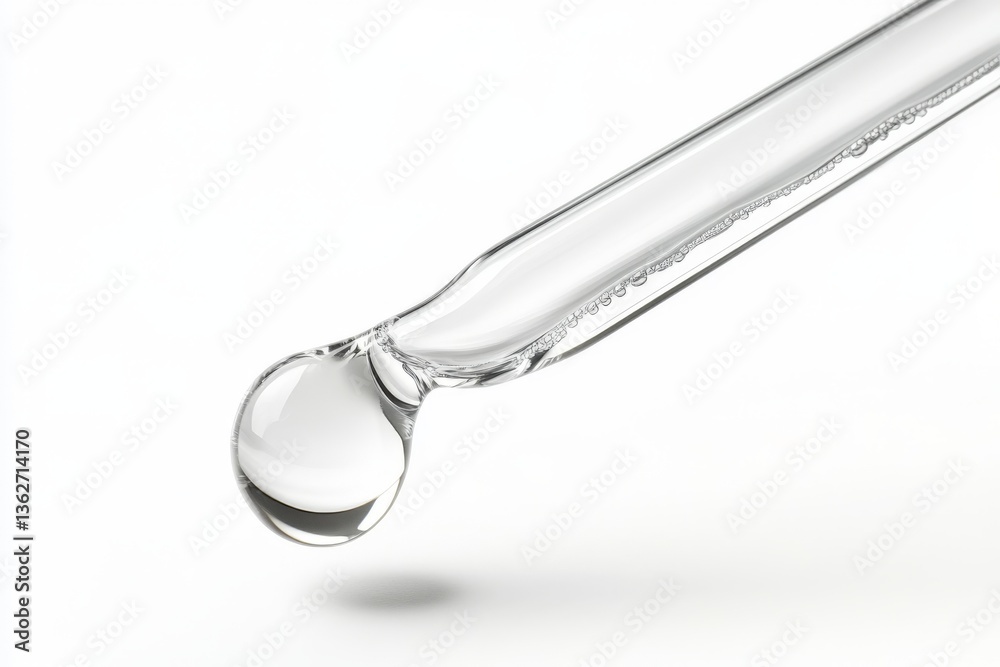Poster Transparent liquid forms a drop at the tip of a glass pipette in a laboratory setting during daylight