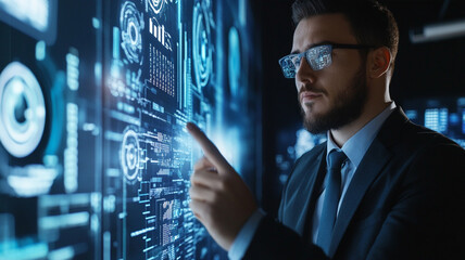 Visionary Interface: A focused businessman in a suit interacts with a complex, high-tech interface, symbolizing innovation and technological advancement.
