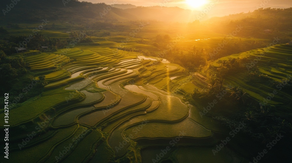Poster a bird's-eye view of a rice field at sunset, with winding pathways and glowing reflections.