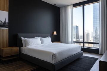 Modern bedroom with city view, dark walls, and king-size bed.