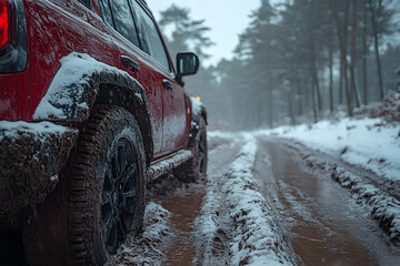 Naklejka premium Red vehicle navigates snowy, muddy terrain within dense forest