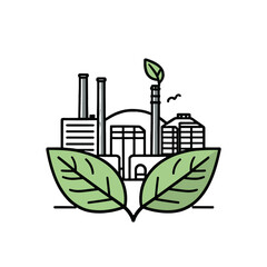 Stylized industrial landscape surrounded by large green leaves symbolizing sustainability