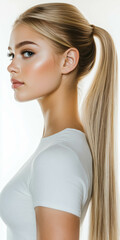 Beautiful Blonde Woman with Long Ponytail Hairstyle Wearing a White Top, Side View