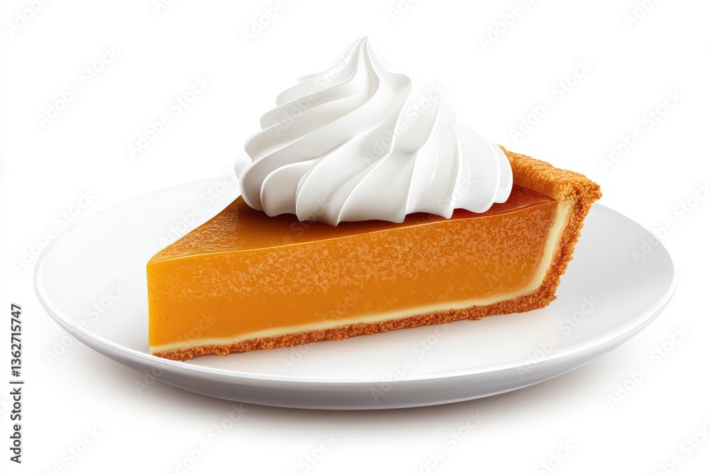 Poster delicious pumpkin pie slice topped with creamy whipped topping on a plate