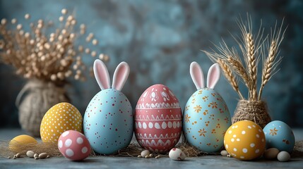 Colorful Painted Easter Eggs with Bunny Ears and Wheat Sheaves on White Background, Ample Space for Text
