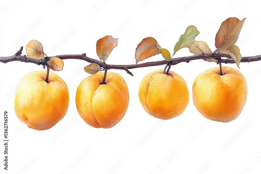 Poster four ripe golden apples hanging from a branch with leaves in a bright setting in a garden