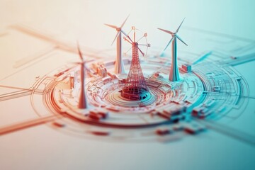 Modern energy landscape showcasing wind turbines and technology infrastructure in a futuristic city setting