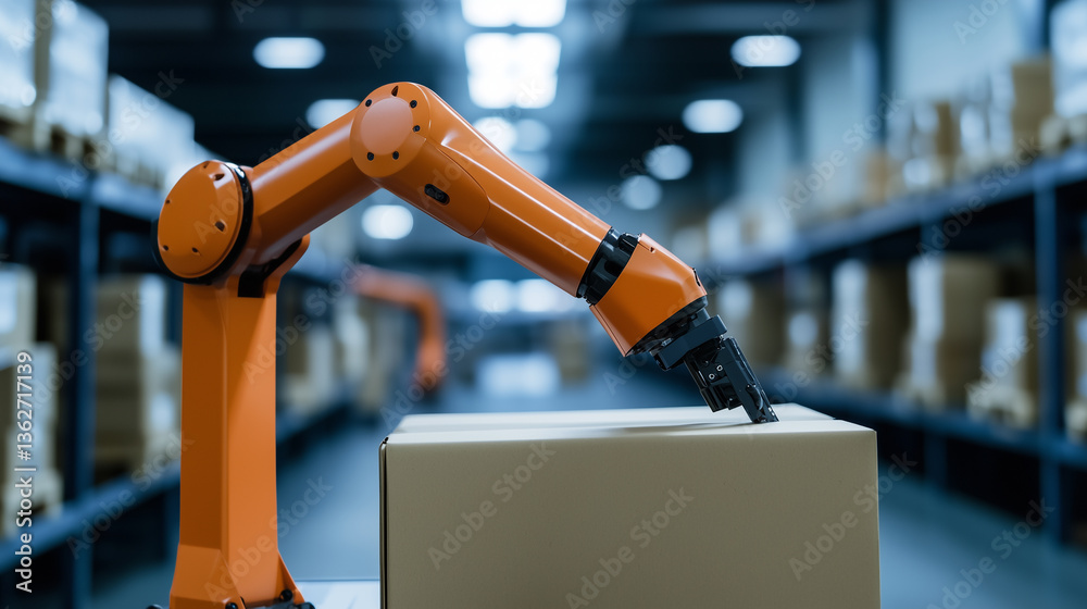 Poster robotic arm efficiently handles cardboard box in warehouse setting