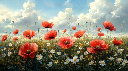 Obraz premium Poppies and wildflowers growing together in a countryside field under a light blue spring sky