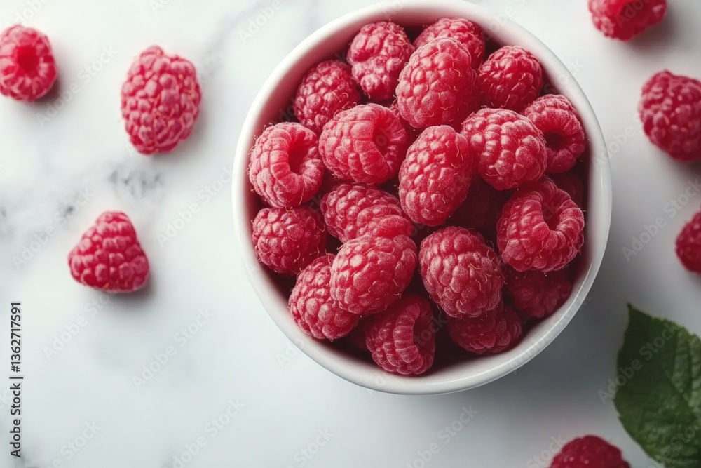 Aufkleber fresh raspberries in a white bowl on a marble countertop with scattered berries around