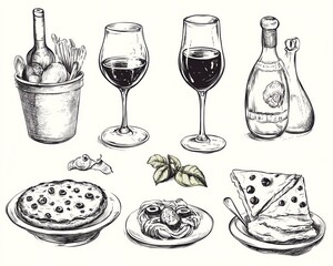 Hand drawn ink doodle food illustration Sketch style breakfast