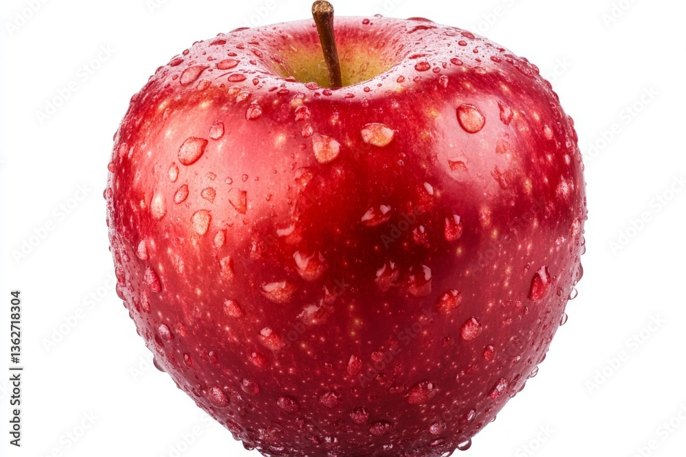 Poster fresh red apple covered in water droplets on a white background showcasing its vibrant color and tex