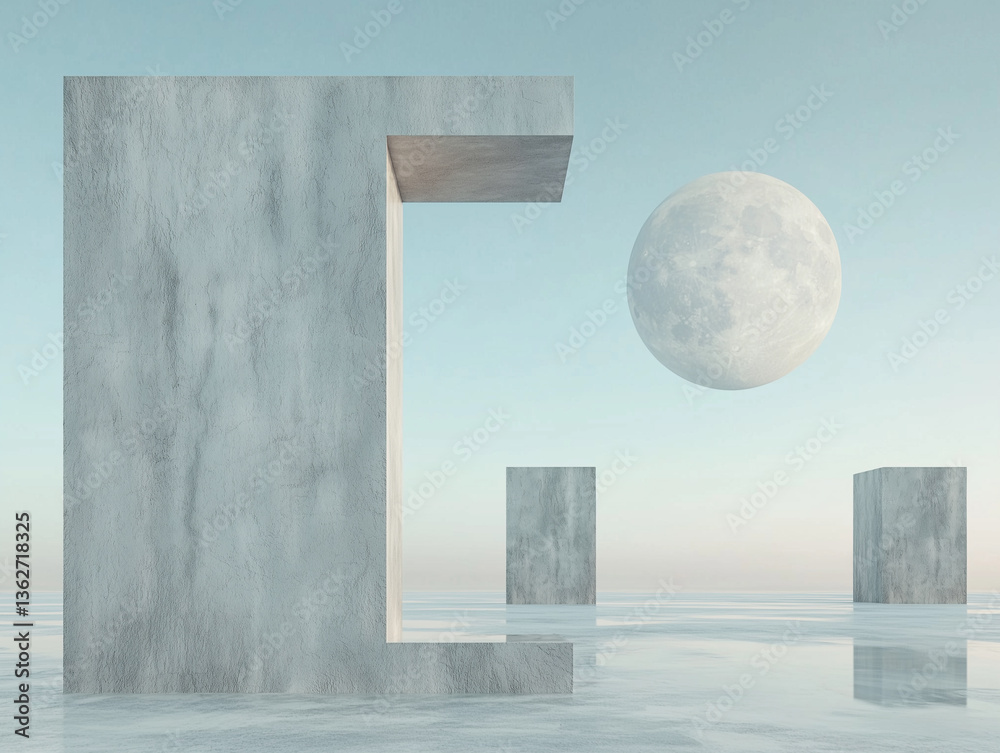 Aufkleber surreal scene with large concrete structures and full moon in serene, minimalistic landscape