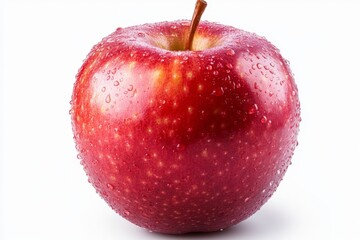 Juicy red apple glistening with water droplets on a white background captured in well-lit conditions