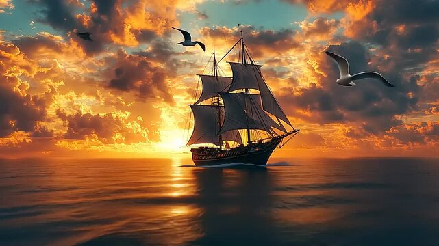 Majestic sailing ship gliding through tranquil waters at sunset, with seagulls soaring above