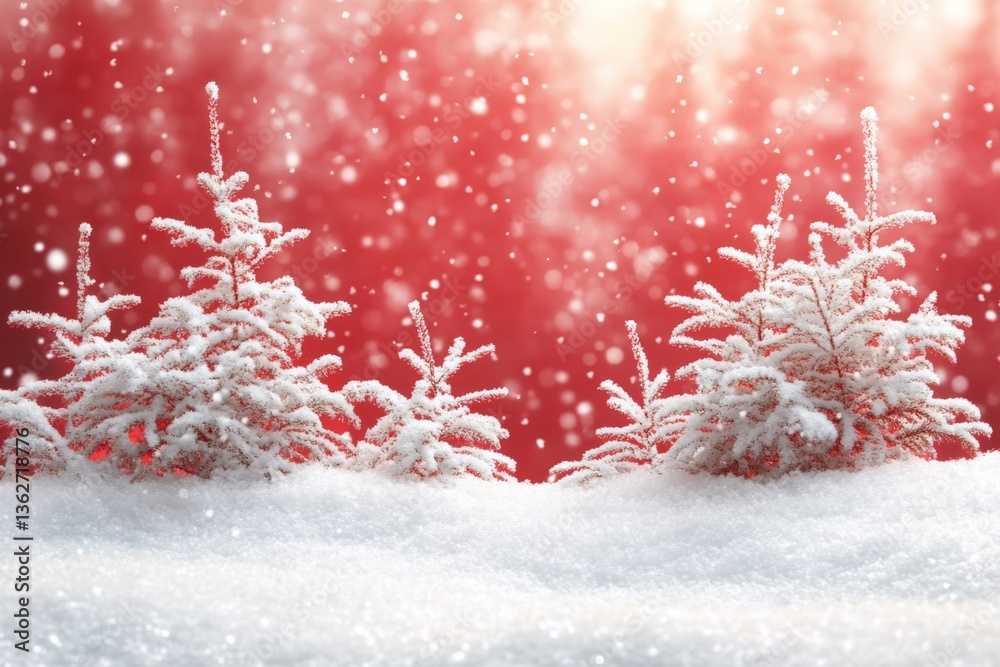 Poster winter wonderland with snow-covered trees and festive red backdrop during a snowy day in december