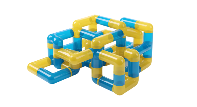 Colorful Interlocking Pipe Structure in Blue and Yellow, Abstract Design Concept, Creative, Modern Art Piece, Playful Geometric Elements