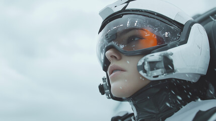 focused female cyborg pilot operates futuristic aircraft in snowy environment