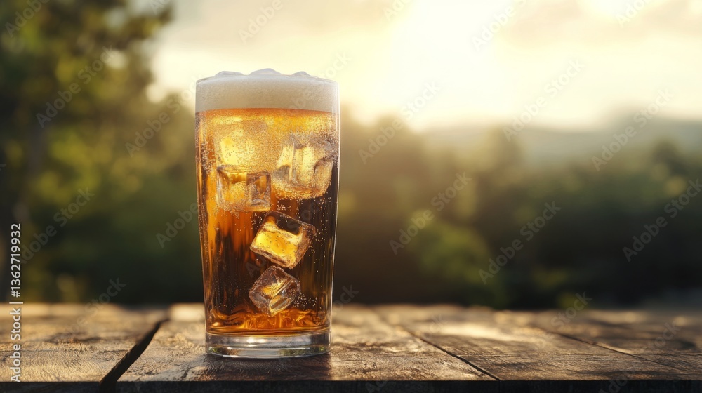 Poster A chilled beer with ice cubes clinking in the glass, placed on a rustic wooden table with a blurred outdoor background.