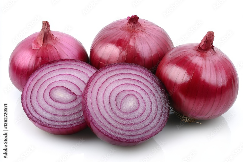 Poster fresh red onions with sliced segments revealing vibrant inner rings displayed on a clean surface