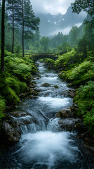 Obraz premium River rushes past lush greenery under bridge; forest backdrop
