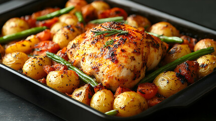 Roasted chicken with vegetables on a black baking pan, ready to be served